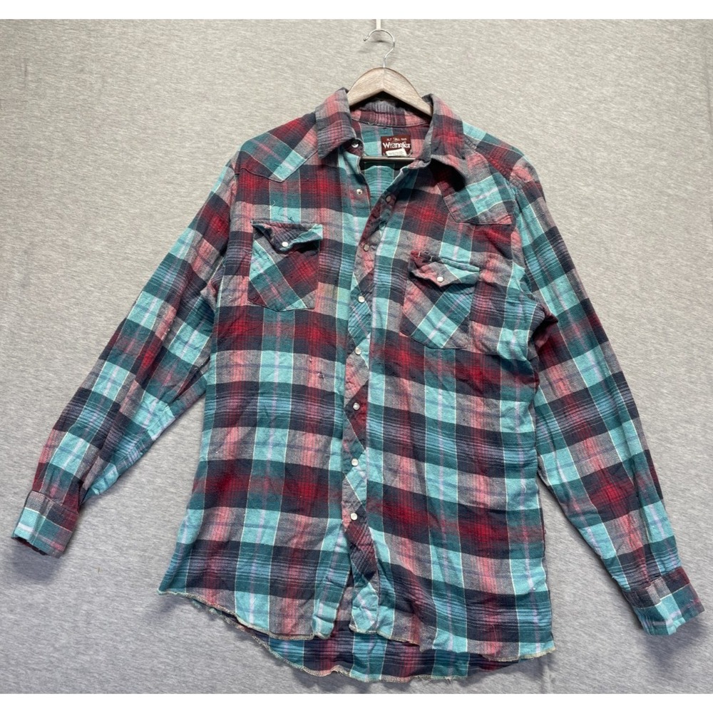 Wrangler Flannel Shirt Mens XLT Multicolor Plaid Cotton Long Sleeve Pearl‎ Snap
